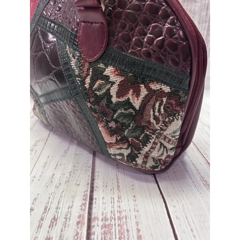 Vintage Style Burgundy Patchwork Satchel Floral Tapestry Croc Embossed Dome Bag